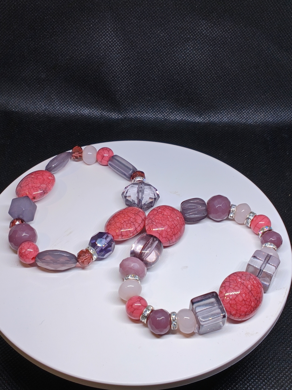 Handcrafted Pink and Lavender Beaded Stretch Bracelet Set -